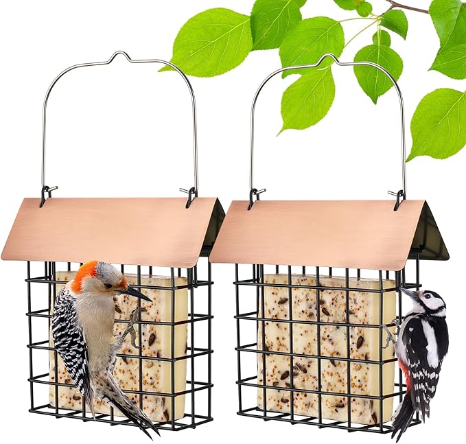 Veehoo 2Pcs Suet Bird Feeder for Outside Hanging with Metal Roof-Suet Cakes Cage Bird Feeder for Outdoors Hanging, Outdoor Garden Wild Bird Feeder Suet Holder, Woodpecker Feeder, Antique Copper