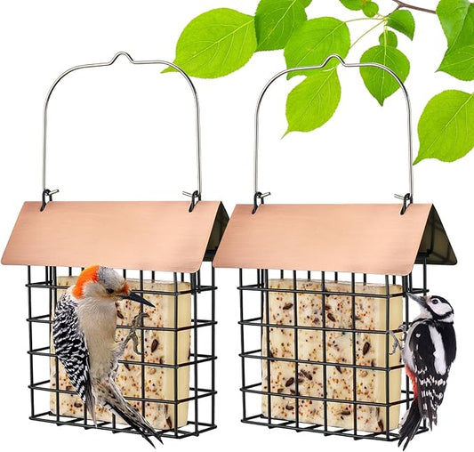 Veehoo 2Pcs Suet Bird Feeder for Outside Hanging with Metal Roof-Suet Cakes Cage Bird Feeder for Outdoors Hanging, Outdoor Garden Wild Bird Feeder Suet Holder, Woodpecker Feeder, Antique Copper