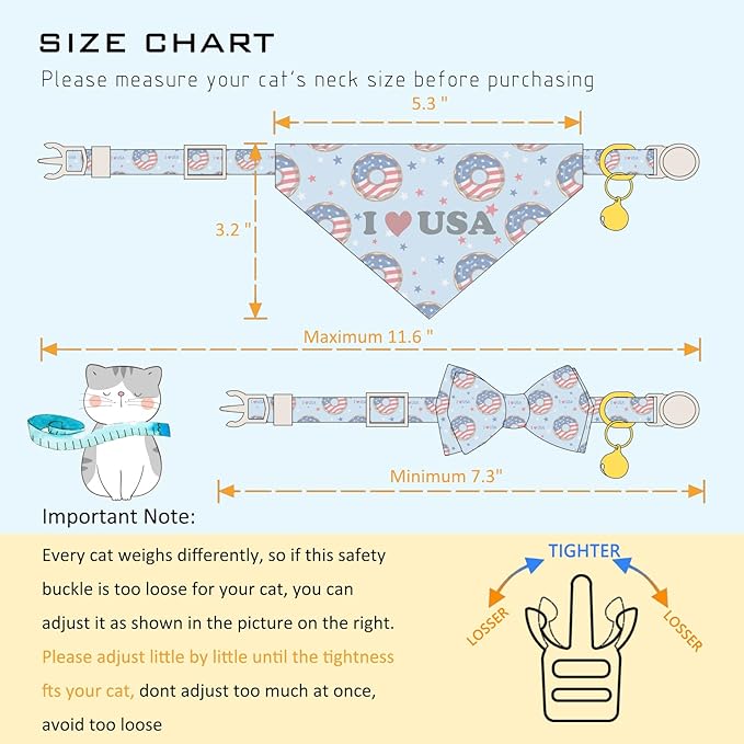 Faygarsle 2 Pack Patriotic Cat Collar Set with Bandana and Bow Tie, USA Flag Donuts Pattern, Light Blue