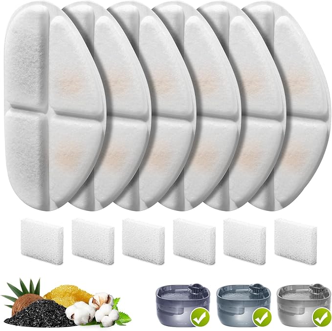6 Pack Filters and Pump Sponges for 7L/1.8Gal Dog Water Bowl Dispenser(FN-W05), ZEKIRY Cat Water Fountain Filter, 4-Layer Filtration Pet Fountain Filters Replacement