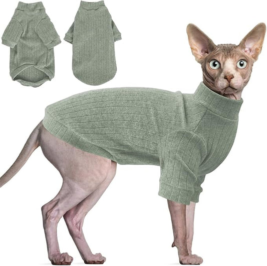 Idepet Sphynx Hairless Cats Sweater Shirt Kitten Soft Puppy Clothes Pullover Cute Cat Pajamas Jumpsuit Cotton Apparel Pet Winter Turtleneck for Cats and Teacup Chihuahua Small Dogs(Green,M)