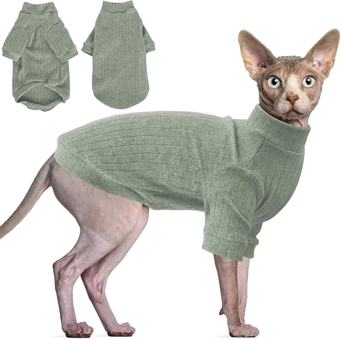 Idepet Sphynx Hairless Cats Sweater Shirt Kitten Soft Puppy Clothes Pullover Cute Cat Pajamas Jumpsuit Cotton Apparel Pet Winter Turtleneck for Cats and Teacup Chihuahua Small Dogs(Green,XS)