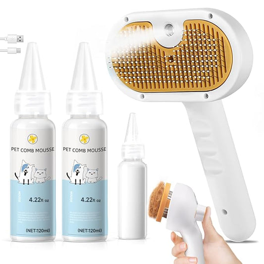 Cat Steam Brush, Pet Steam Brush for Cat & Dog, Mist Spray Comb, Spritz Defur Tool, Water Grooming Kit, Dog Hair Removal Steam Cleaner with Release Button-Contains 2*shampoo
