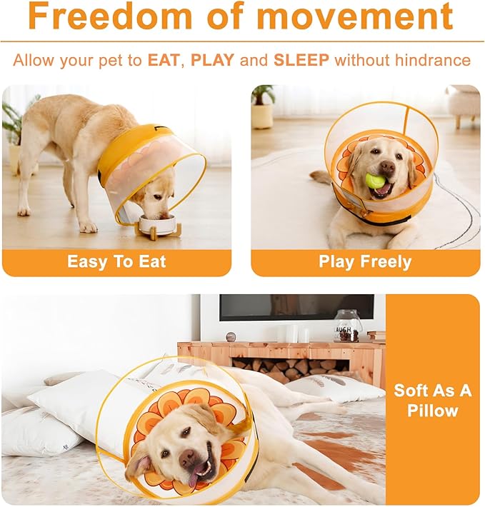 Inflatable Dog Cone Collar with Enhanced Anti-Licking, Soft Neck Donut for Dogs Cats, Recovery Pet Cone Collar After Surgery for Large Medium Small Dogs (Yellow Flower, Medium+)