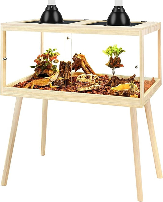 PROLEE Bearded Dragon Tank with Leg,Tempered Glass Lizard Tanks and Reptile Enclosure,Up to 78 Gallon Reptile Tank with Metal Mesh and Lockable Door for Snakes,Chameleon (Oak, 31Gallons,32inch)