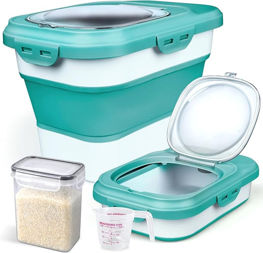 Rice Storage Container, Collapsible Airtight Food Storage Containers 6-20 Lbs, Rice Dispenser with Measuring Cup and Small Bin for Flour Cereal Pasta Grain, Cat Pet Dog Bird Food Container