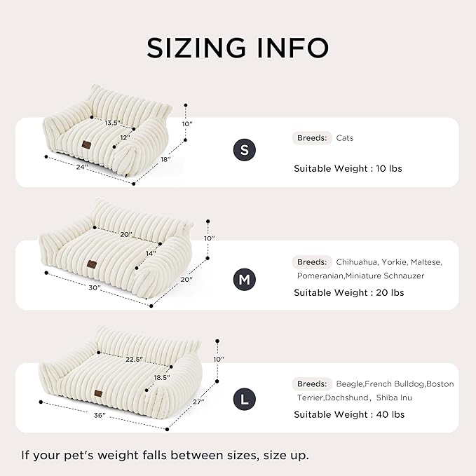 Bedsure Cute Couch for Pets - Fluffy Pet Sofa with Premium Soft Corduroy Fleece, Fuzzy Cat Beds for Indoor Cat with Removable Washable Cover, Supportive Pet Chair, 24inch, Cream
