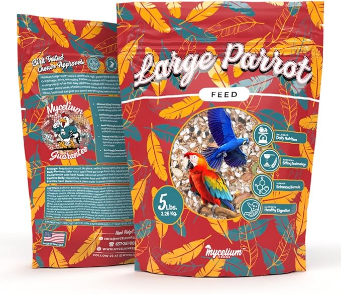 Mycelium Organic Large Parrot Feed (5 LB Bag) | Bird Food for Macaws, Cockatoos & Amazons | High-Protein Seed, Pellet & Kibble Blend | Supports Digestion & Energy | Made in USA, Non-GMO