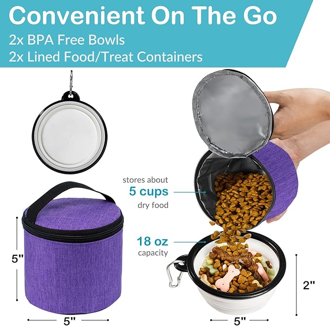 Dog Travel Bag with Treat Pouch, Airline Approved Dog Bags for Traveling, 2 Dog Food Travel Container, 2 Travel Bowls, Weekend Dog Travel Bag for Supplies, Dog Travel Kit Accessories