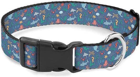 Ocean World Dog Collar Sea Shark Turtle Seahorse Octopus Jellyfish Dolphin Pet Neck Strap for Small Medium Large Dogs Soft Adjustable Buckle