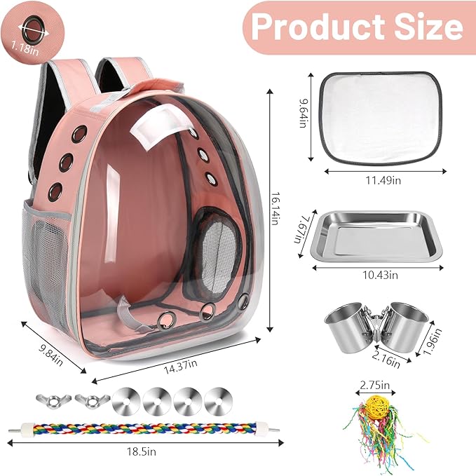 Bird Backpack Carrier, Travel Bird Cage for Small Medium Size Parrot Parakeet Budgies Cockatiel, Portable Clear Bubble Window Bag with Stainless Steel Tray Food Bolw Standing Perch (Pink)