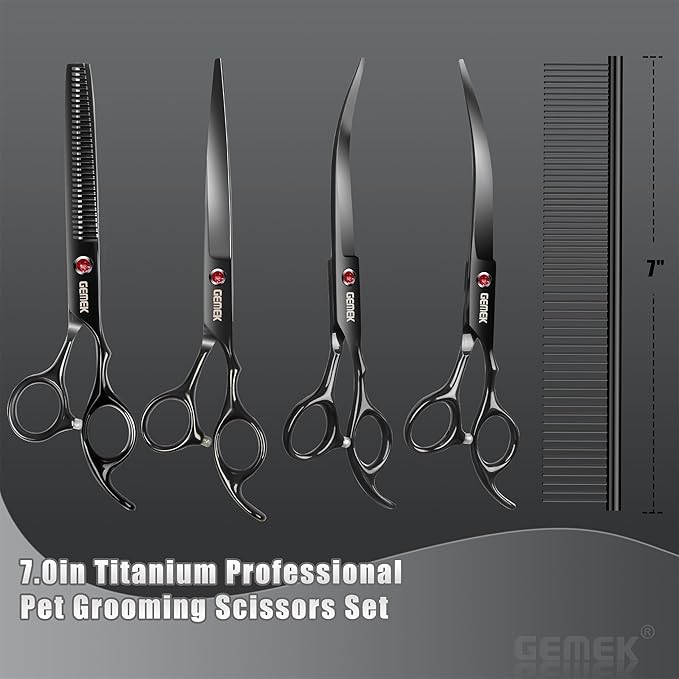 7.0in Titanium Professional Dog Grooming Scissors Set, GEMEK 6 in 1 Straight & Thinning & Upwards Curved & Downwards Curved Scissors & Comb for Dogs, Cats and Other Animals (Black)