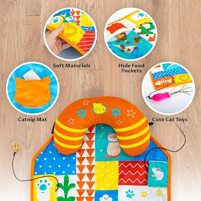 2-in-1 Cat Mat with Pillow for Small Medium Large Cats,Cute Cat Catnip Toys,Soft Plush Crinkle Toys for Kitten Sleeping Snuffing Playing,Machine Washable Pet Cushion Pad Mat Cat Gifts