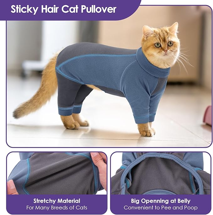 SUNFURA Hair Sticky Cat Clothes, Cat Sweater for Cats Only, 4-Legged Fleece Sweaters Kitten Pajamas Reduce Shedding Fur, Warm Pullover Shirts for Cats, Blue XL