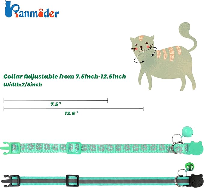 BANMODER 2 Pack Reflective Cat Collar Breakaway with Bell,Personalized Kitten Collars,Adjustable Safety Buckle Collar for Male Cats Girls & Boys (Dark Green)