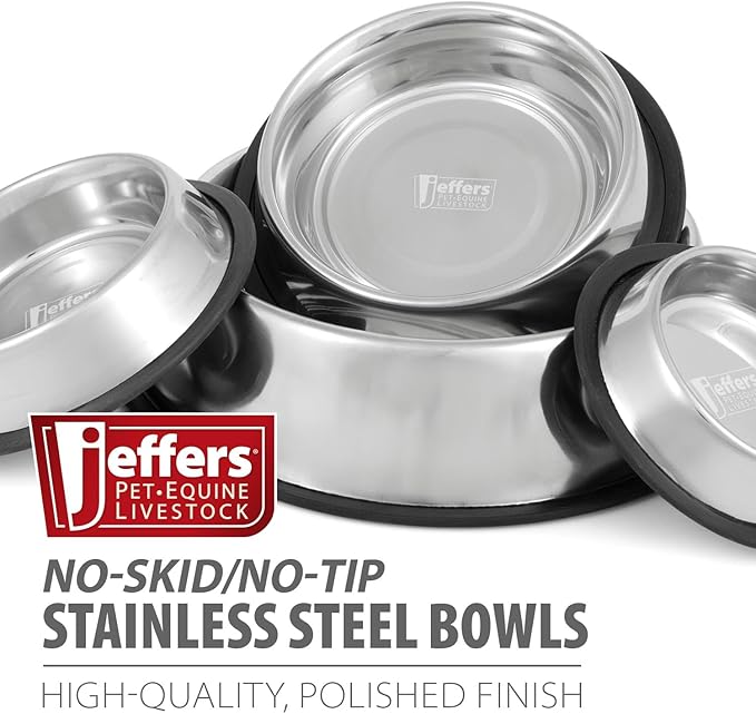 Jeffers Pet Stainless Steel Dog Bowl – No Skid, No Tip Food & Water Bowls for Puppies, Small, Medium, Large Breeds – Heavy Duty, Dishwasher Safe Feeder for Indoor, Outdoor, Travel Use – 1 Quart