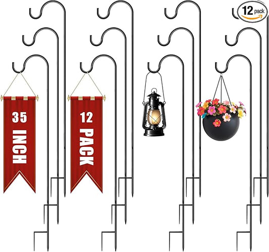 Shepherds Hooks for Outdoor 35Inch Garden Bird Feeder Pole with 2 Prongs Base for Hanging Flower Basket Plant Pot Solar Lantern Light Wind Chime Hanger for Wedding Decor 12 Pack
