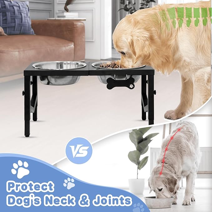 Elevated Dog Bowls, 4 Height Adjustable Metal Raised Bowl Stand with 2 Large 111 oz Stainless Steel Food Bowls & Spill-Proof Mat, Adjusts to 16.2'', 14.4'', 12.6'', 10.8'' for Large/Extra Large Breeds