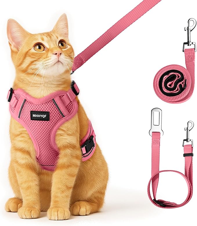 Cat Harness, Cat Harness and Leash for Walking, Escape Proof Soft Adjustable Vest Harnesses for Cats, Easy Control Breathable Reflective Strips Harness, Kitten Harness and Leash Set, Pink, S