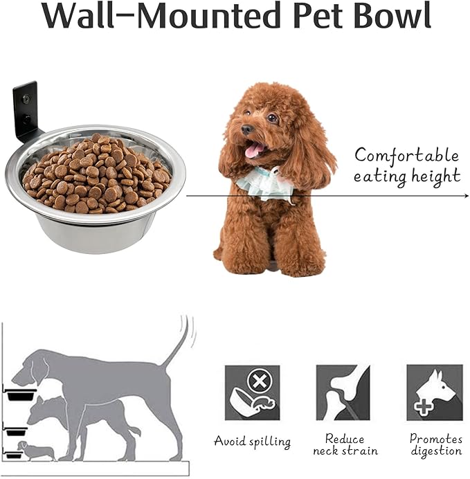 Hamiledyi 2 Pack Wall Mounted Elevated Dog Bowls - Adjustable Height Stainless Steel Raised Food & Water Bowls with Collapsible Stand for Medium & Large Dogs & Cats (S)