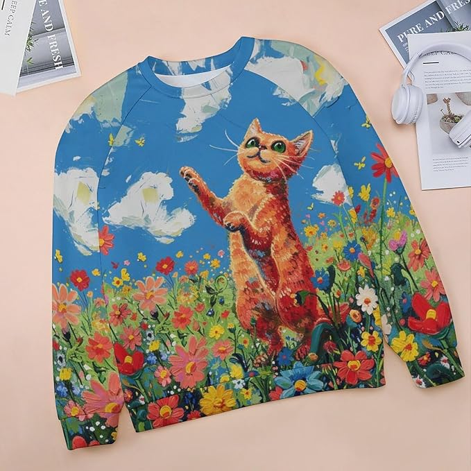 Long Sleeve Shirts for Women Cat Oil Painting Shirt 3D Graphic Sweatshirts Fall Pullover Crewneck Vintage Boho Tops