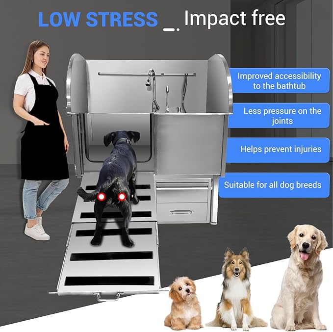 50" Dog Washing Station, Professional Stainless Steel Pet Dog Bathing Station with Ramp, Faucet, Storage Drawer, Floor Grate Dog Bathtub for Large, Medium, Small Pets (Right Ramp)