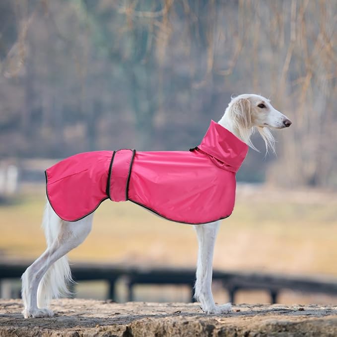 Dog Raincoat with Reflective Bar, Rain/Water Resistant, Adjustable Vest - Dog Raincoats for Greyhounds, Lurchers and Whippets - Pink - L