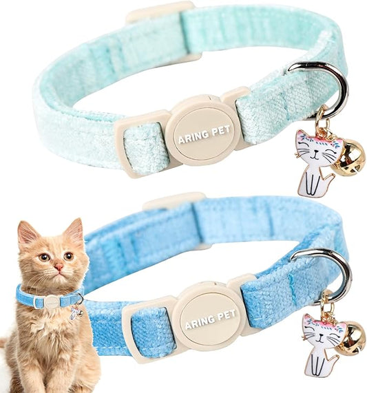 ARING PET 2 Pack Cat Collar-Cute Cotton Cat Collar with Bell & Pendant, Adjustable Blue Green Kitten Collars with Safety Buckle for Girl and Boy Pets