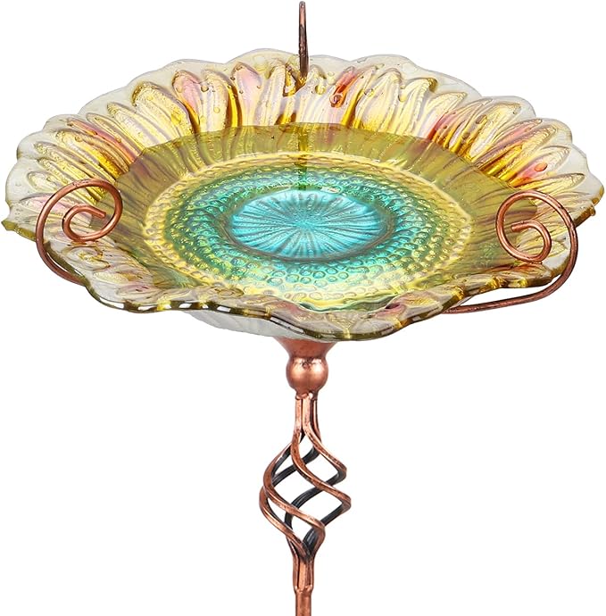 Bird Baths for Outdoors, Glass Birdbaths Outdoor Garden Birdfeeder with Metal Stake Yellow (Height:31inch)