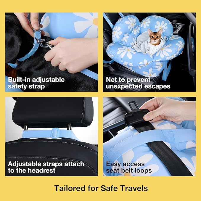 VETRESKA Pet Car Seat for Small Dogs - Washable Cat Carrier for Car Seat Portable Puppy Dog Bed, Pet Travel Carrier Bed with Safety Clip-On Leas