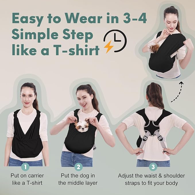Supet Dog Sling Carrier for Small Pets, Hands Free Cat Sling, Reducing Back Neck Pain Anti-Anxiety Puppy Front, Adjustable Soft Dog Carrying (Black, Regular)