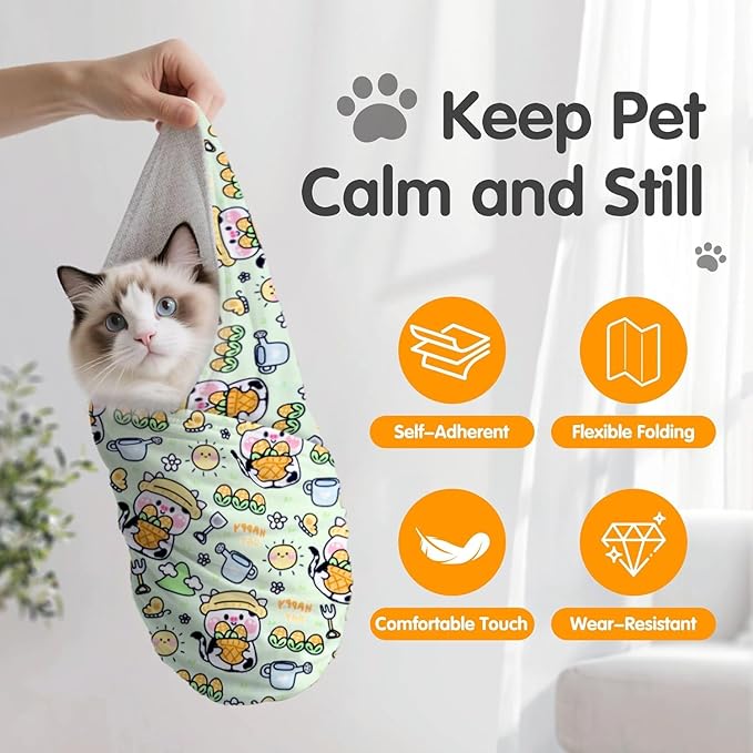 Cat Wrap for Cutting Nails, 27.6''x 27.6'' Self-Adherent Cat Grooming Wrap with Nail Clipper, Anti-Escape Calming Cat Swaddle Wrap for Medicine, Nail Clipping, Teeth Brushing, Ear Cleaning