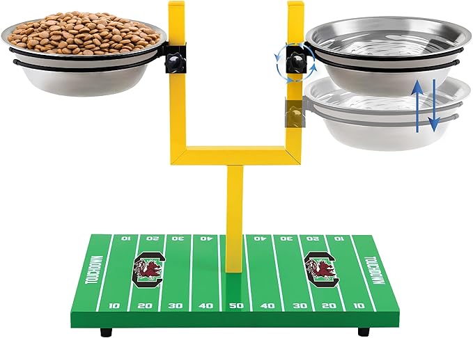 NCAA South Carolina Gamecocks Goalpost Football Field Dog Feeder – Adjustable Elevated Dog Bowls with Stand, 2 Stainless Steel Bowls, Non-Slip Rubber Feet, Raised Pet Feeder for Large & Small Dogs