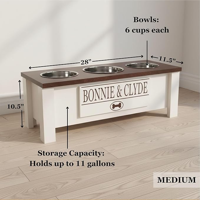 GrooveThis Woodshop - Personalized Elevated Triple Dog Bowl Stand for Large, Medium, Small, X-Small Dogs - 3 Stainless Steel Food and Water Bowls - Raised Dog Dish with Internal Storage (Medium, Pink)