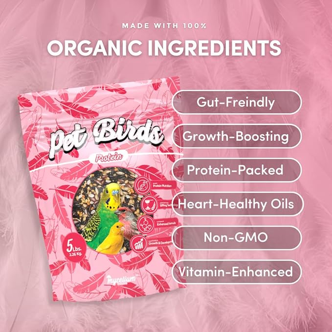 Mycelium Pet Bird Protein Bird Seed Mix (5 LB Bag) | High-Protein Bird Food for Finches, Canaries, Budgies & Parrotlets | Supports Energy & Growth | Organic, Non-GMO Daily Diet | Made in USA