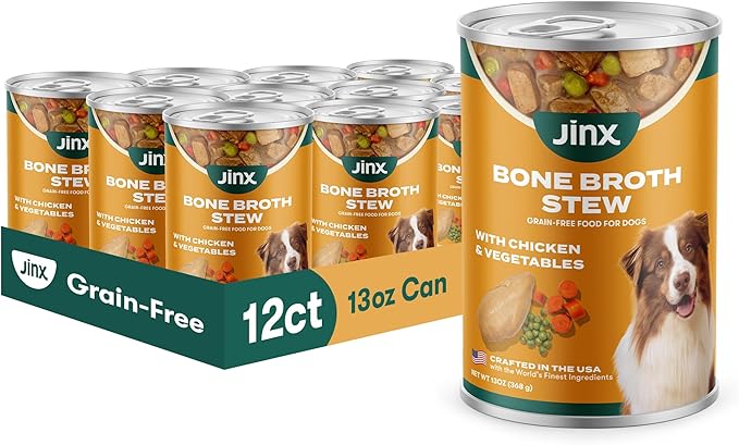 Jinx Bone Broth Stew for Dogs - Chicken & Vegetables Recipe - Grain-Free Wet Dog Food & Topper for Picky Eaters - Promotes Lean Muscle Growth, A Healthy Coat & Improved Digestion - 13 Oz, 12 Pack
