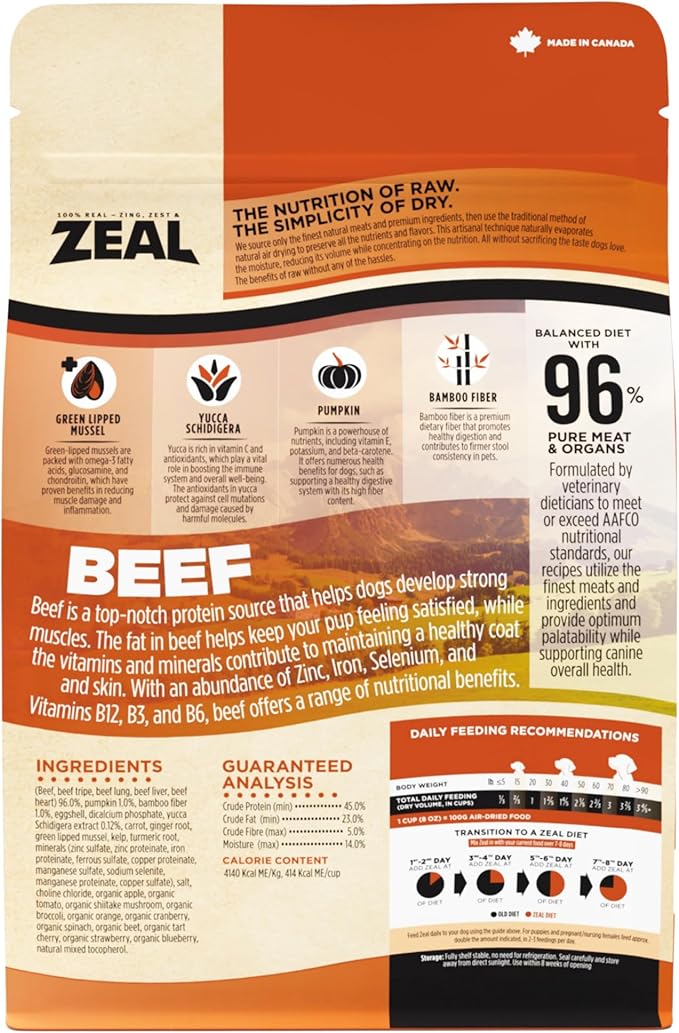 ZEAL Canada Air-Dried Beef Recipe for Dogs - High Protein, Natural Superfoods, Nutrient Rich, No Fillers, Grain Free, Complete & Balanced (Beef, 1 lb)