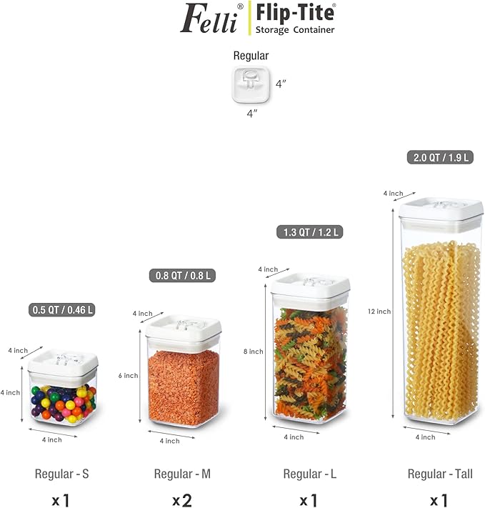 Felli Flip Tite Storage Container with Lid 4" Airtight Ring Seal Top, Stackable Acrylic Canister Jar Set for Kitchen Pantry Organizer, Food Spice Pasta Snack, Christmas Gifts for Her (5pk, Variety)