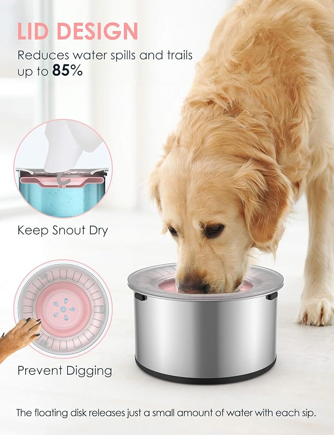 1Gallon Large Dog Water Bowl No Spill, [Anti Digging Lid & Rubber Bottom] Spill Proof Dog Bowl, Anti Splash Mess Dripless Slow Drinking Stainless Steel Water for Sloppy Messy Drinkers Car
