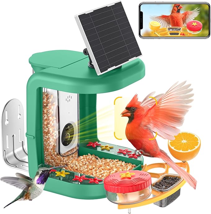 Solar-Powered Smart Bird Feeder with Camera Solar Powered,2K Video Recording, Auto Bird ID & Extensive DIY Accessories,2 in 1 Hummingbird Feeder Camera Ideal Present for Bird Lovers (Green)