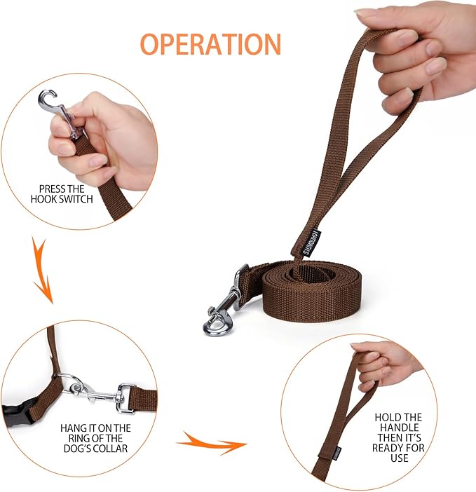 Strong Durable Nylon Dog Training Leash, 1 Inch Wide Traction Rope, 6 ft 10ft 15ft Long, for Small and Medium Dog (Brown, 6 Feet)
