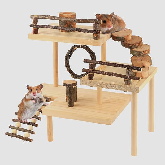 HOSUKKO Hamster Climbing Toys 3-Tier Extra Large Hamster Playground Natural Wooden Small Animal Platform Toys Hamster Exercise Activity Climbing Platform with Bridge for Gift