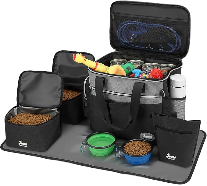 Dog Travel Bag for Pet Kit for Supplies with 2 Food Storage Containers 2 Collapsible Bowls 1 Feeding Mat 1 Dog Treat Pouch 7-Piece Set Perfect Road Trips Camping Weekend or Doggy Gift, Black