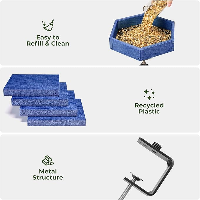 Kingsyard Clamp-On Deck Bird Feeder 11in Hexagon, Adjustable Balcony Railing Clamp 2.2in No-Drill, Recycled Plastic Seed Tray Metal Mesh Drainage Easy-Clean 3 lb,Blue