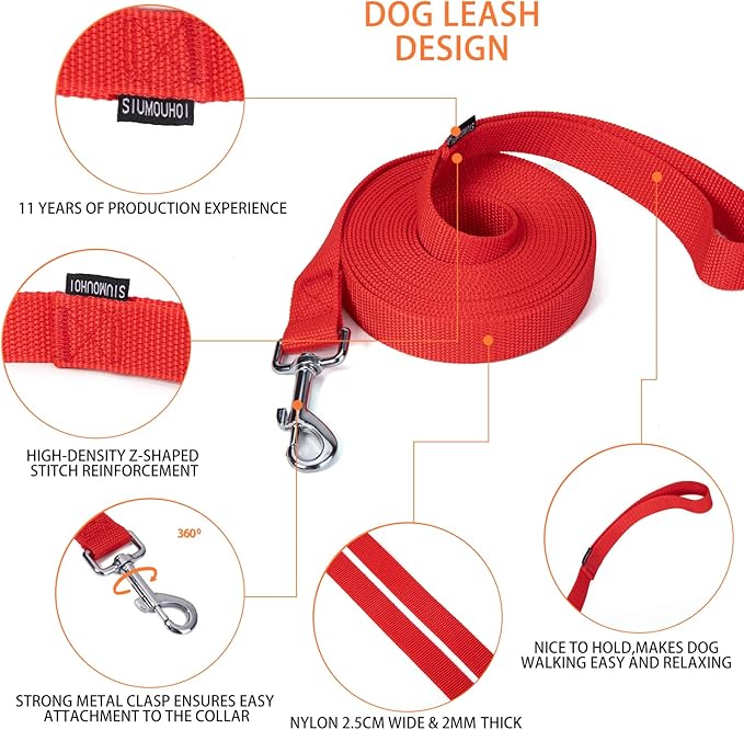 Strong Durable Nylon Dog Training Leash, 1 Inch Wide Traction Rope, 6 ft 10ft 15ft Long, for Small and Medium Dog (Red, 15 Feet)