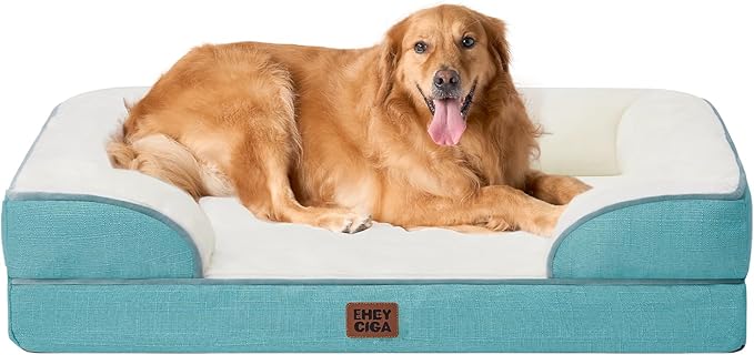 EHEYCIGA Orthopedic Dog Beds for Extra Large Dogs, Waterproof Memory Foam XL Pet Bed with Sides, Non-Slip Bottom and Egg-Crate Foam Big Dog Couch Bed with Washable Removable Cover, Turquoise Blue