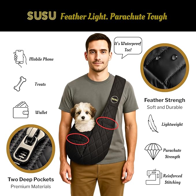 Small Dog Carrier Sling Bag – Hands-Free up to 10 lbs -10.5″ Deep Pouch, Dual Snap-Clip Closure + Drawcord, 4″ Padded Strap, Safety Tether, Zipper Pockets, Machine-Washable