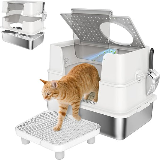 PawHut XL Stainless Steel Litter Box with Lid, Extra Large Top & Side Entry Enclosed Litter Box for Big Cats with 100° Flip Top, Scoop, Step, Odor Free, Easy Cleaning, Non-Sticky, Anti Leakage