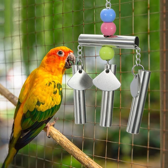 Bird Stainless Steel Bells String Parrot Hanging Chew Toy for Parakeet Cockatiel Cockatoo Conure (Silver)