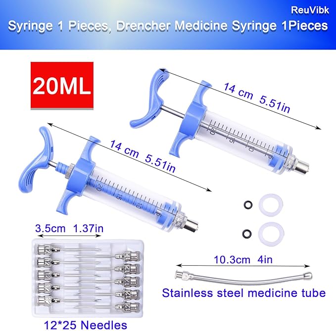 2Pcs 20ML Livestock Syringe, Reusable Adjustable Goat Drench Syringe, with 1 Drench Nozzle 10 Needles, Suitable for Chickens, Ducks, Geese, Lambs, Piglets Cub